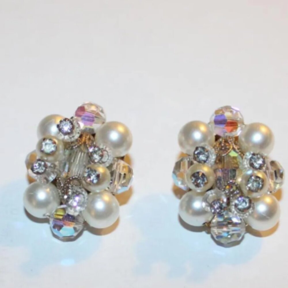 Vintage Faux Pearl & Rhinestone Cluster Clip On Earrings Costume Jewelry